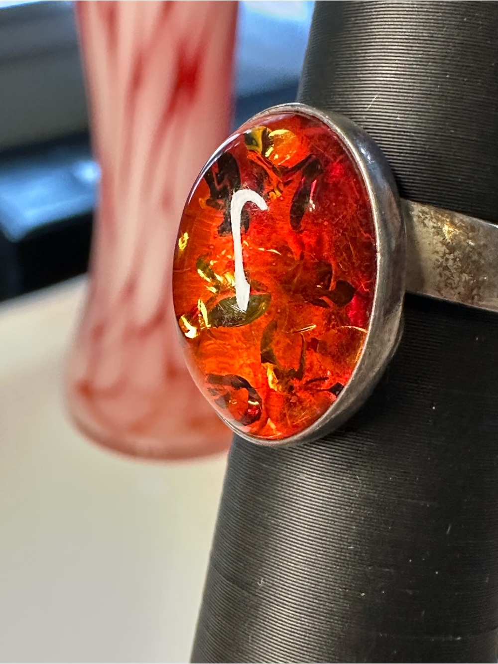 Vintage Sterling Silver Baltic Amber Cabochon Ring Adjustable Size 7.5 - Picture 9 of 11